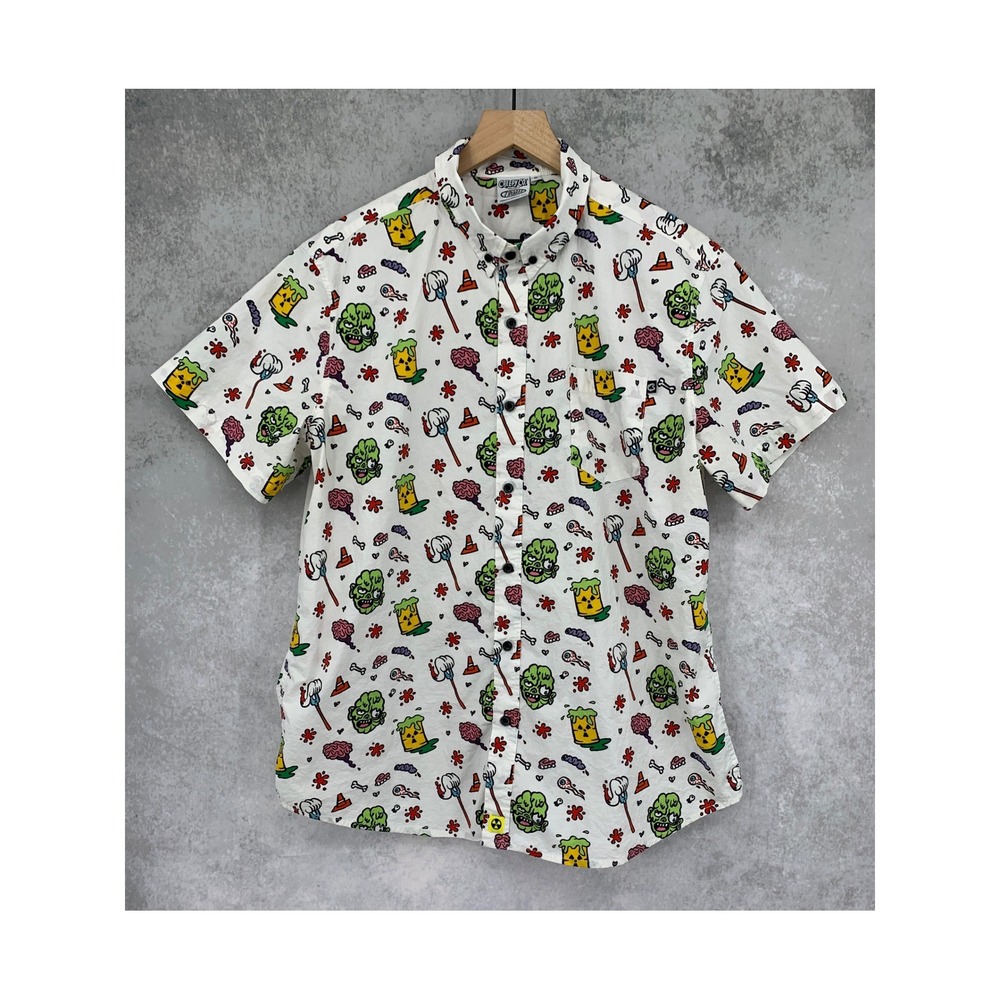 Creepy Co Shirt Mens XL White Toxic Horror Movie Graphic Halloween Button Up